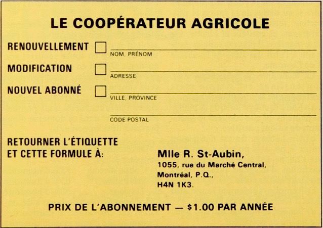 Coupon d'abonnement au Coopérateur en 1975