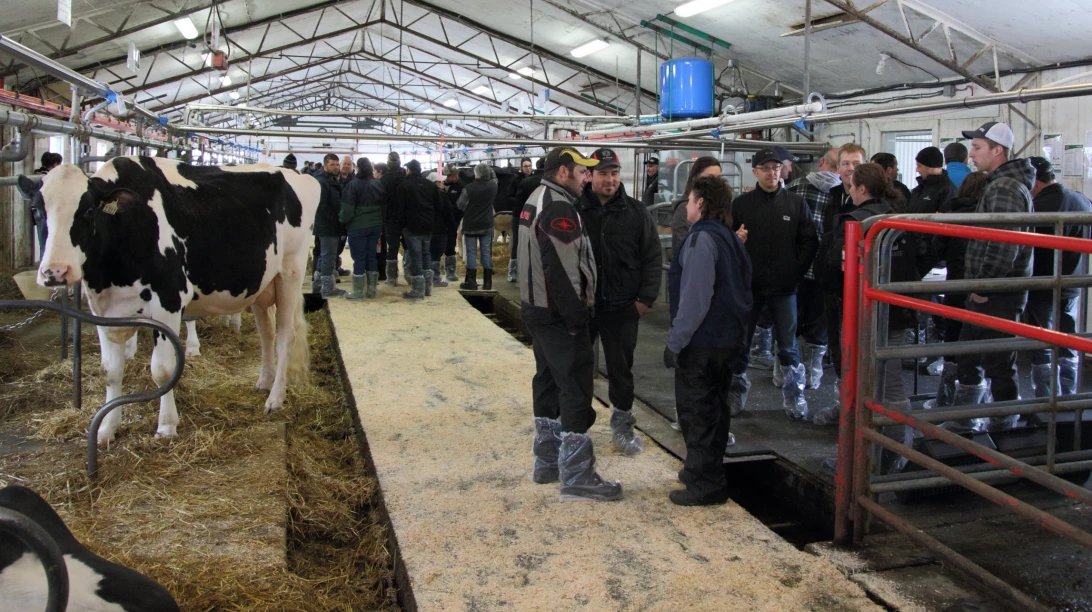 Plusieurs personnes à l'intérieur d'un bâtiment agricole.