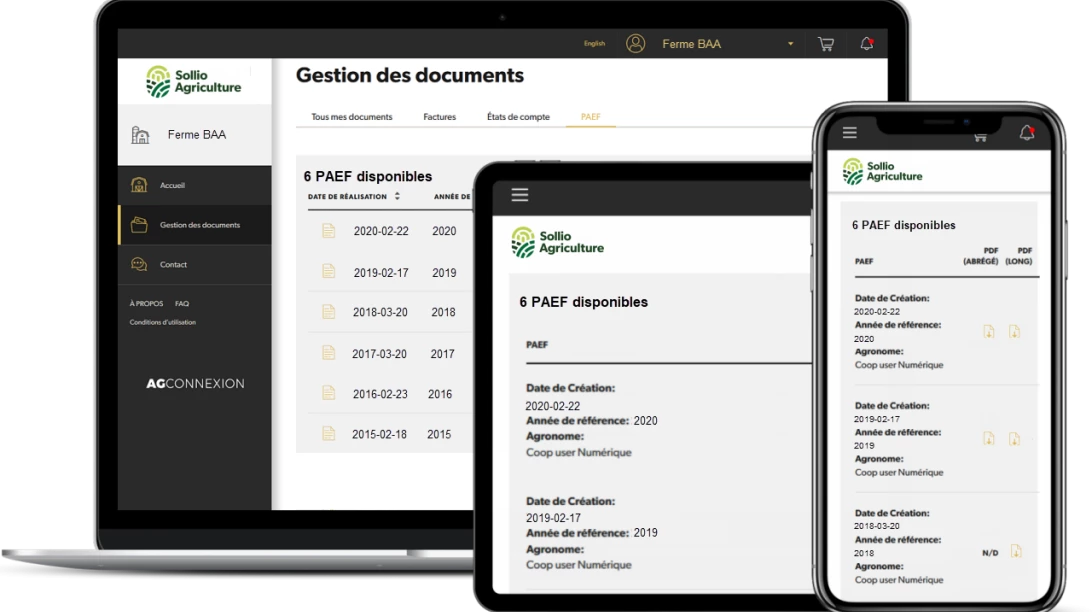 Saisie d'écran de l'outil Gestion des documents dans l'application AgConnexion.
