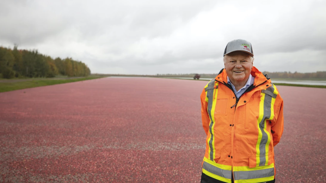 Marc Bieler, debout devant un champ de canneberges
