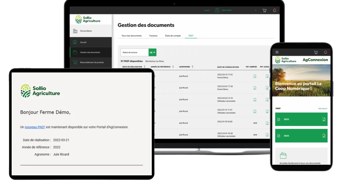 Saisie d'écran de l'AgConnexion, onglet Gestion des documents.