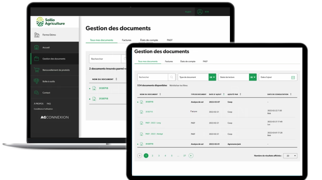 Saisie d'écran de l'AgConnexion, Gestion des documents.