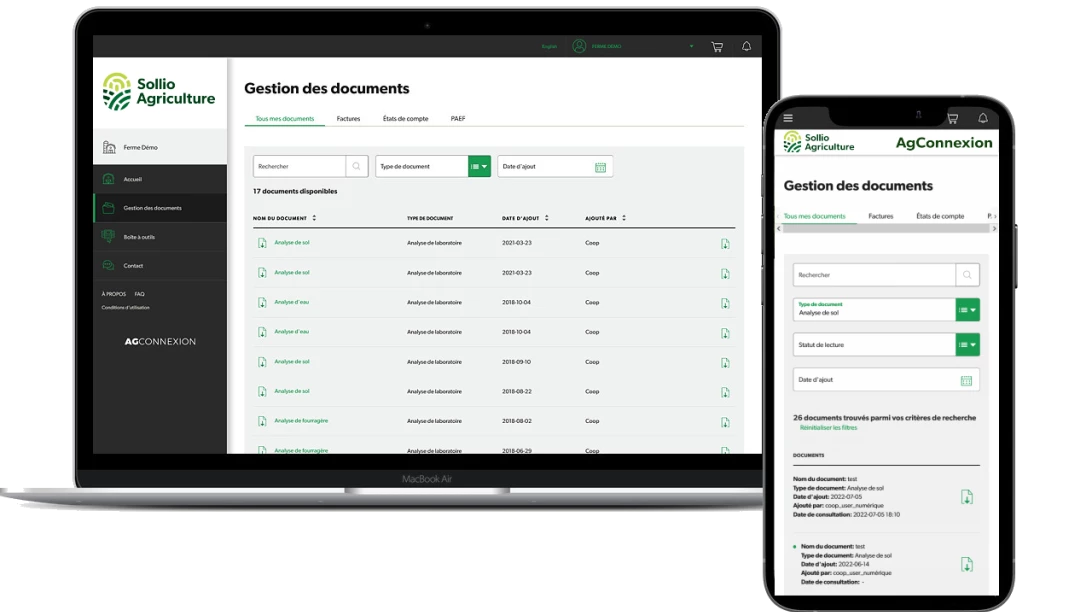 Capture d'écran de la fonctionnalité Gestion des documents de l'application AgConnexion.