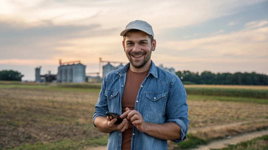 Homme avec le cellulaire à la main devant un champ