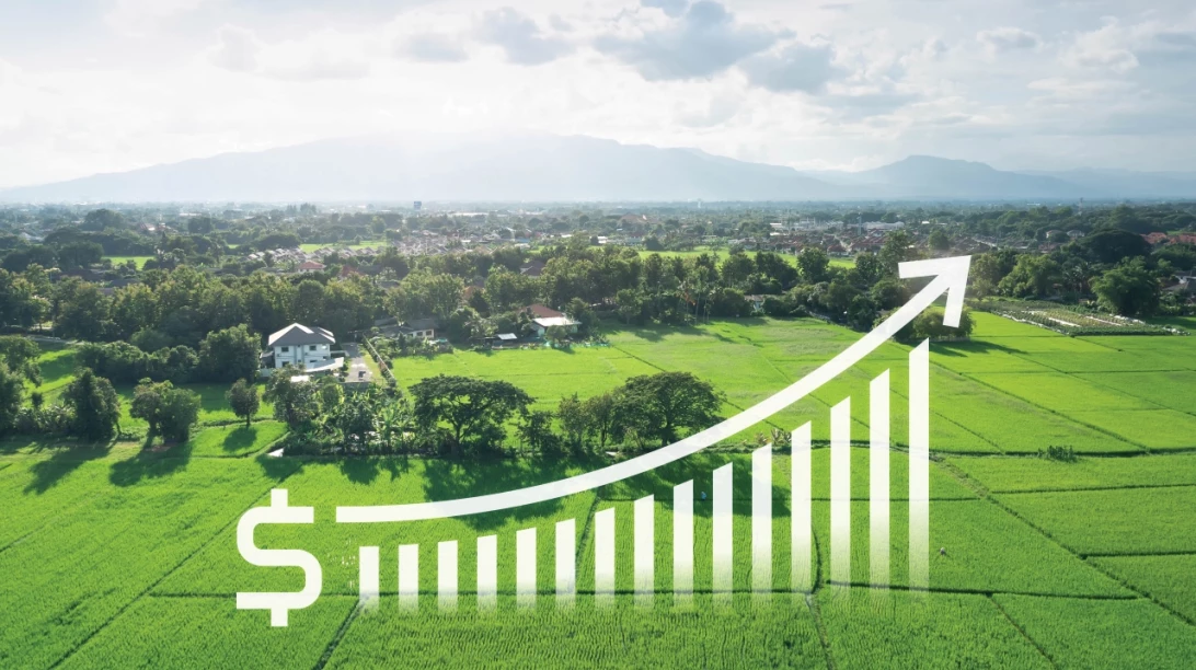 Graphique illustrant un gain d'argent sur fond agricole