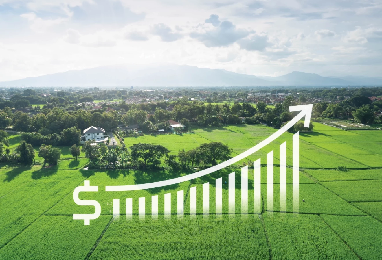 Graphique illustrant un gain d'argent sur fond agricole