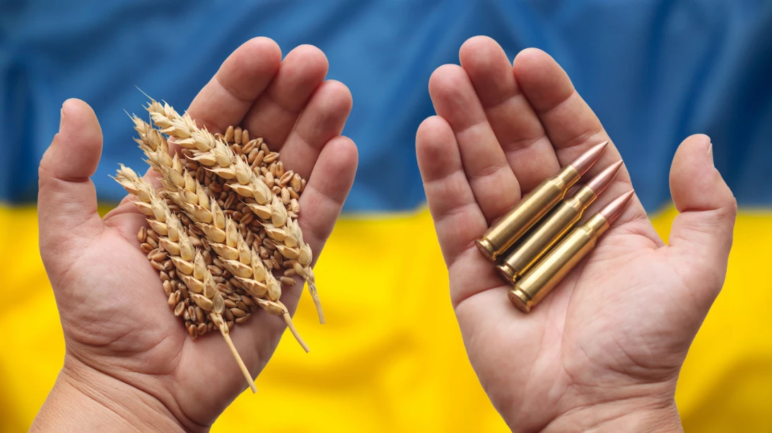 Image d'un homme tenant du blé et des balles dans ses mains en étant au dessus d'un drapeau ukrainien.