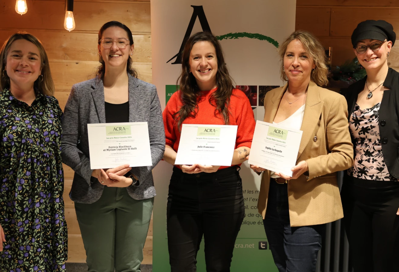 Julie Desbiens (présidente ACRA), Myriam Laplante El Haïli (prix coup-de-coeur Marc-Alain- Soucy), Julie Francoeur (prix actualités longues), Sophie Lachapelle (prix actualités courtes) et Stéphanie McDuff (vice-présidente ACRA).