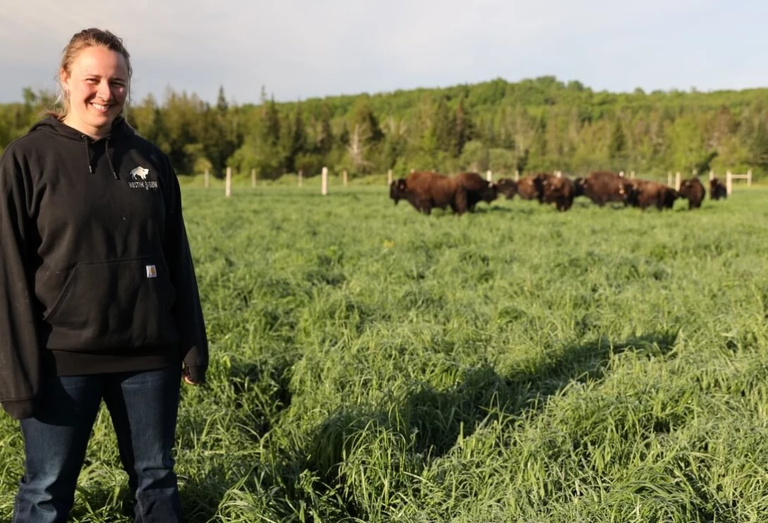 Anouk Caron devant son troupeau de bisons