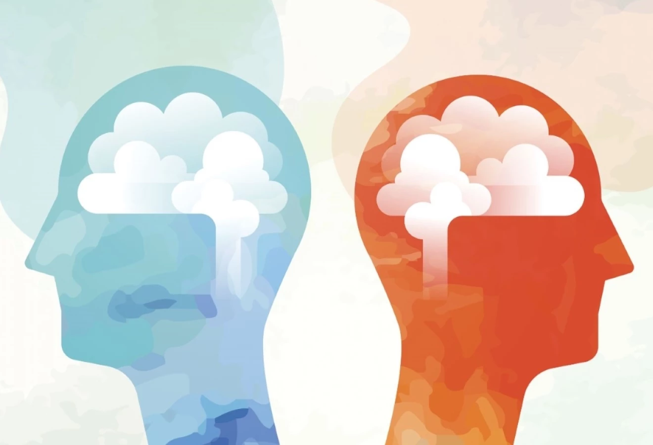 Illustration de deux têtes contenant leurs propres pensées