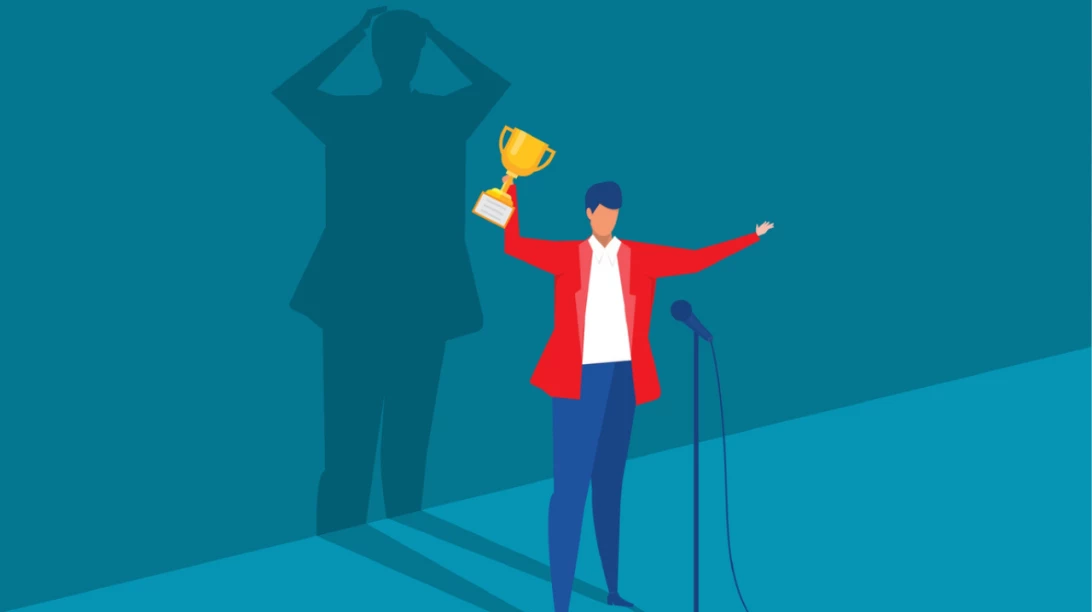 Illustration d'une femme faisant un discours pleine d'assurance, alors qu'elle est en panique