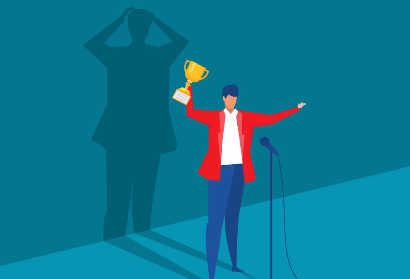 Illustration d'une femme faisant un discours pleine d'assurance, alors qu'elle est en panique