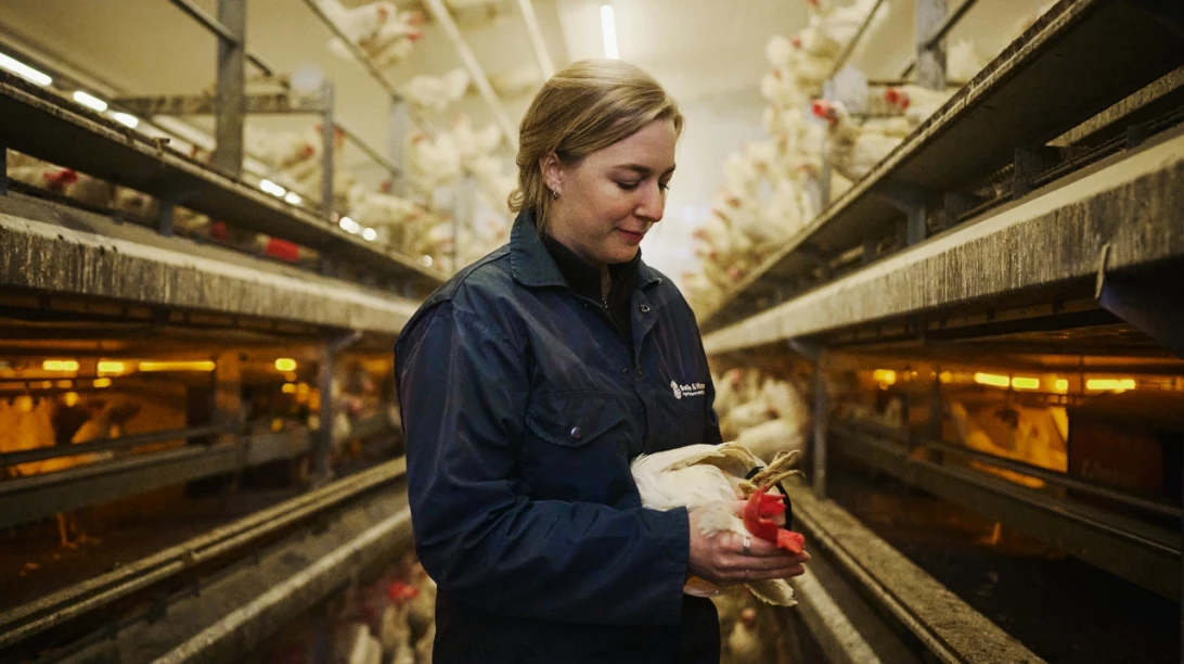 Experte-conseil de Sollio Agriculture tenant une poule pondeuse.
