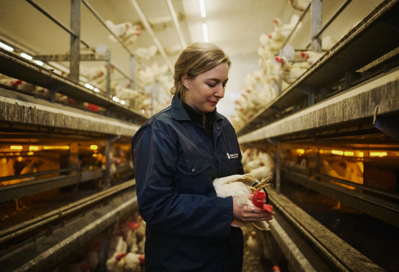Experte-conseil de Sollio Agriculture tenant une poule pondeuse.