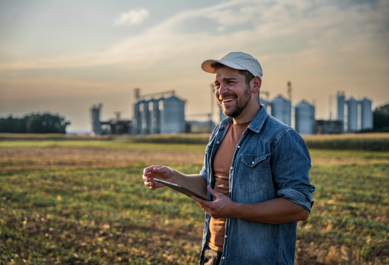 Homme tenant une tablette dans un champ avec des silos