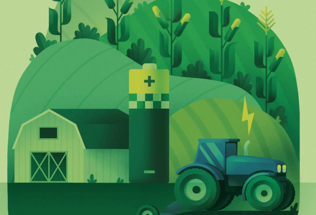 Illustration d'une ferme, pile et tracteur