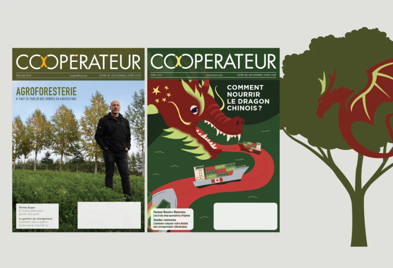 Les deux articles du Coopérateur finalistes des Prix Moïse-Cossette 2023 sont « L'agroforesterie : il faut qu'on se parle des arbres en agriculture » et «  Comment nourrir le dragon chinois ».