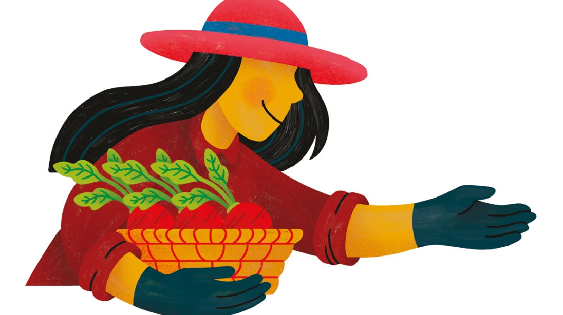 Illustration d'une agricultrice qui tient un panier de légumes