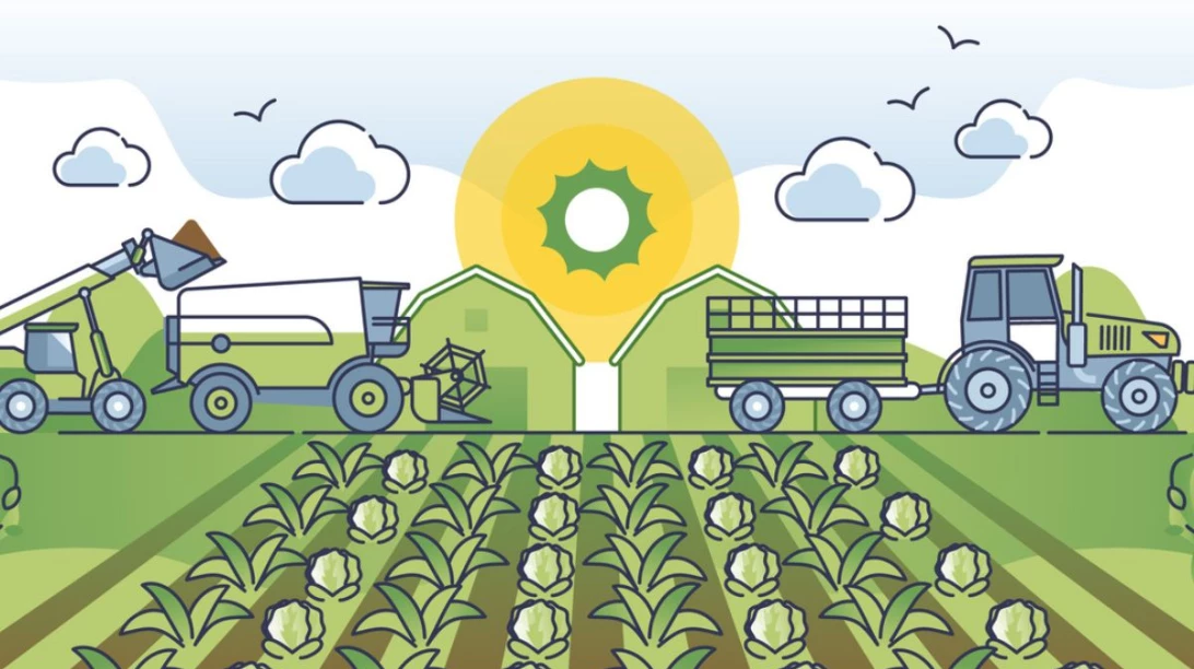 Illustration d'une ferme, un champ et de la machinerie agricole