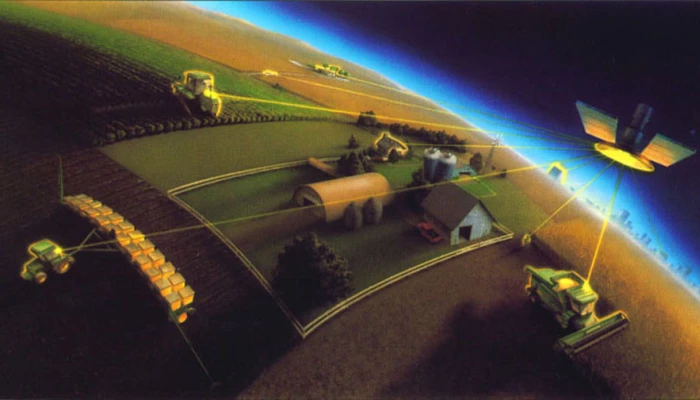 Image dessinée d'un satellite analysant un territoire agricole.