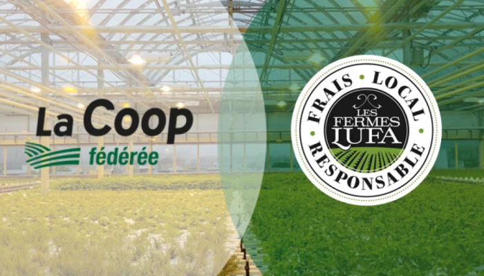 Logo de La Coop fédérée avec celui des Fermes Lufa devant une image de ferme.