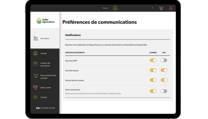 Saisie d'écran de l'option Préférences de communications dans l'application AgConnexion.
