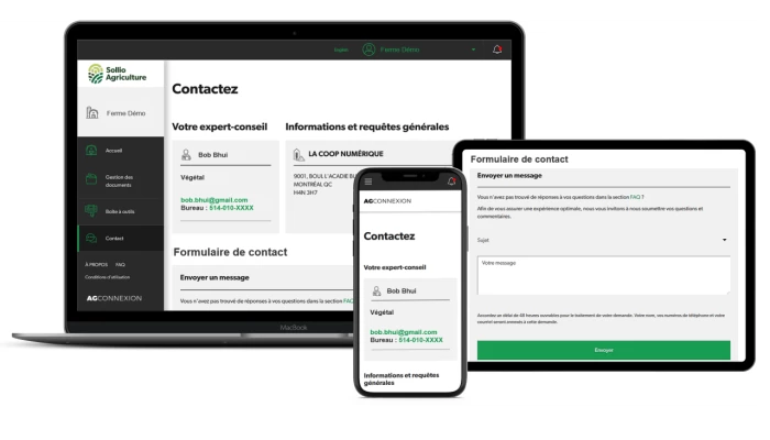 Saisie d'écran de l'outil Contact dans l'application AgConnexion.