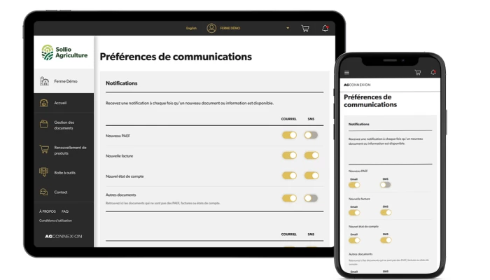 Saisie d'écran de l'option Préférences de communications dans l'application AgConnexion.