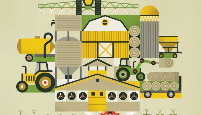 Illustration de tracteurs et de bâtiments de ferme.