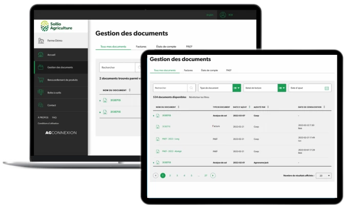 Saisie d'écran de l'AgConnexion, Gestion des documents.