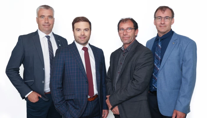 Jean-Nil Fournier, président du partenariat agricole Sollio & Unoria Agriculture coopérative, Olivier Pastor, chef de la direction d’Unoria Coopérative, Marco Dumais, directeur général de Sollio & Unoria Agriculture coopérative et Vallier Chouinard, président d’Unoria Coopérative.