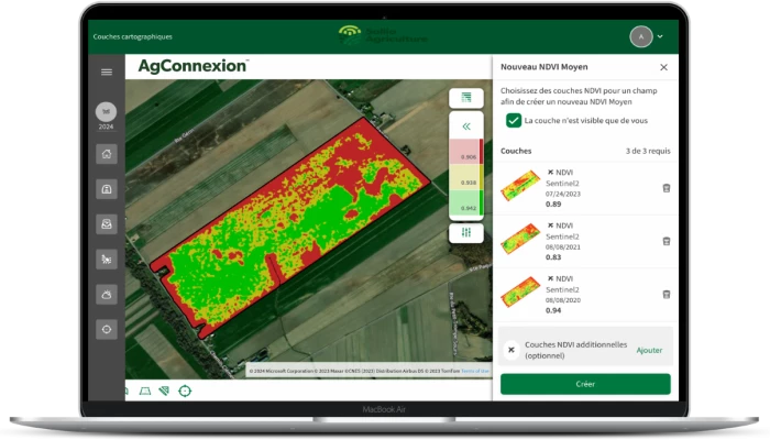 Capture d'écran des images satellites fournis dans le module Ferme intelligente de l'application AgConnexion.