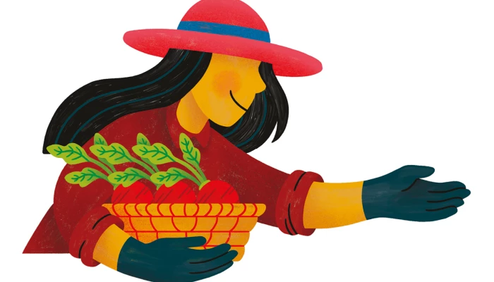 Illustration d'une agricultrice qui tient un panier de légumes