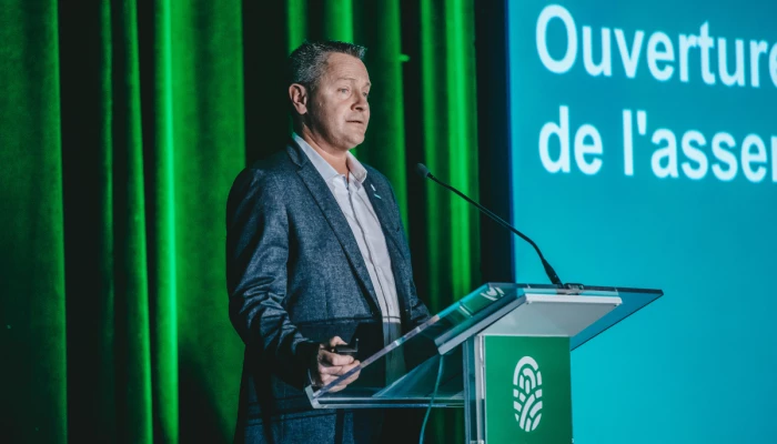 Jean-François Roy, président de la Filière porcine coopérative en prise de parole