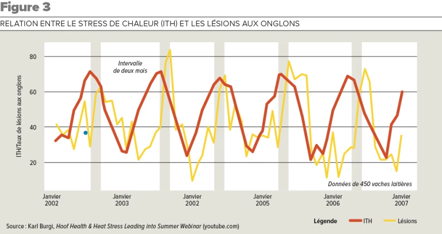 Graphique illustrant la relation de la chaleur ITH et les lésions aux onglons