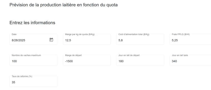 Saisie d'écran d'AgConnexion : Prévision de la production laitière en fonction du quota