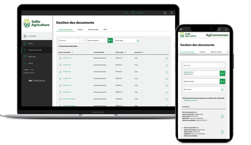 Onglet Gestion des documents dans l'application AgConnexion.
