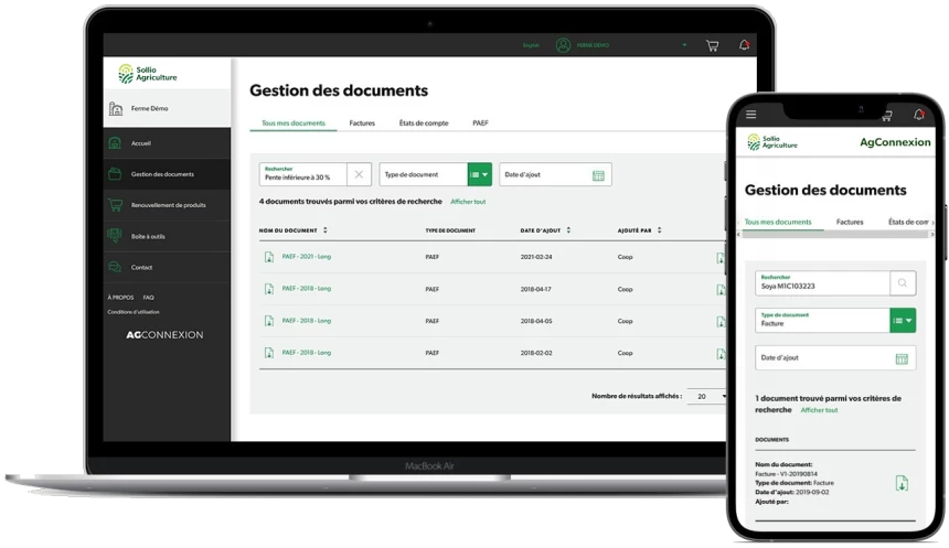 Interface de la plateforme AgConnexion dans l'onglet Gestion de documents.