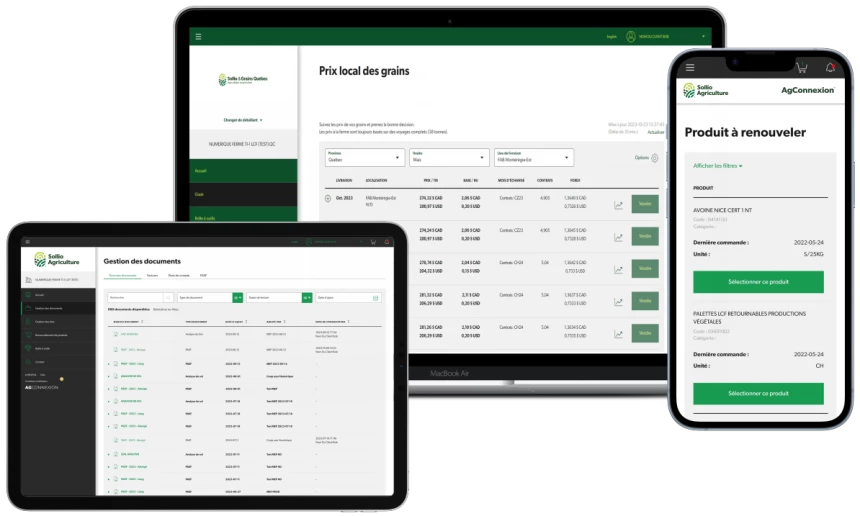 Interface de plusieurs options de l'application AgConnexion.