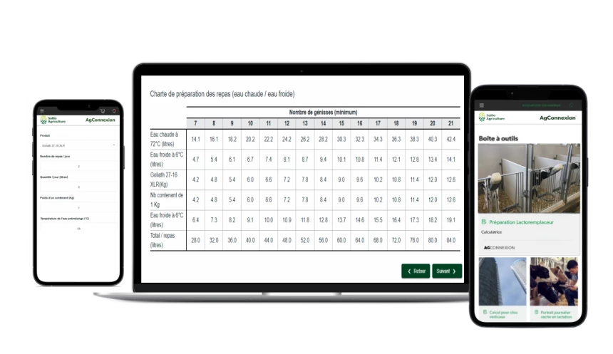 Interface de l'outil Préparation de lactoremplaceurs dans l'application AgConnexion.
