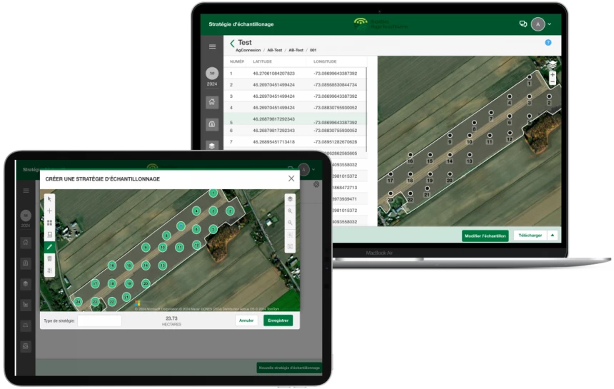 Saisie d'écran de l'outil analyses de sol dans le module Ferme intelligente de l'application AgConnexion.