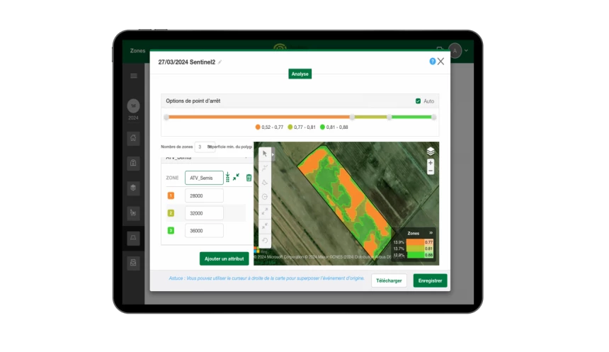 Saisie d'écran du module Zones dans l'application AgConnexion.