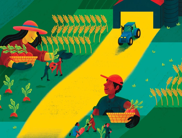 Illustration d'agricultrices et d'agriculteurs qui coopèrent au champ