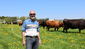 Le propriétaire de la Ferme Bovicole Jean Lambert devant son troupeau de vache-veau.
