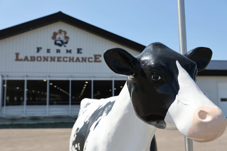 L'extérieur de la Ferme Labonnechance avec une statue de vache