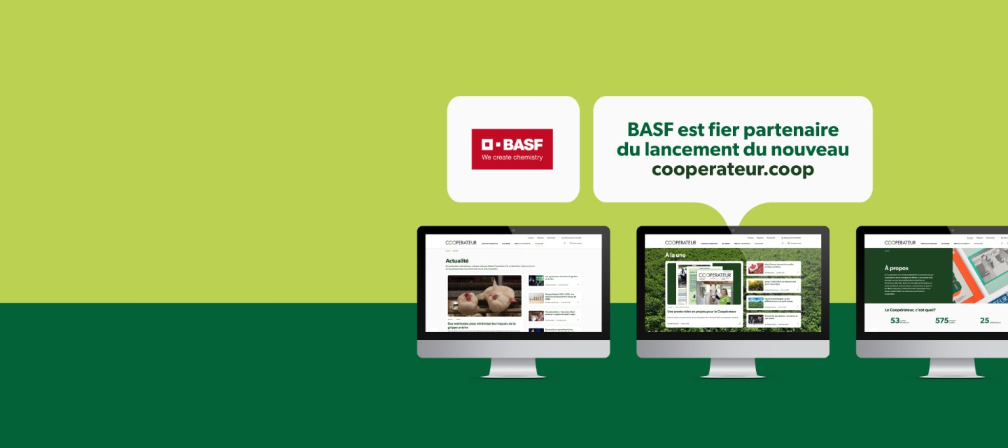 Visuel - Écrans d'ordinateur avec le site du Coopérateur, avec le logo du partenaire du lancement, BASF
