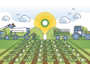 Illustration d'une ferme, un champ et de la machinerie agricole