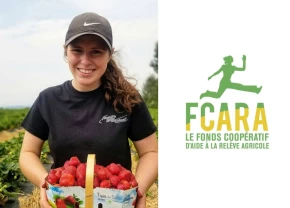 Marianne Mercier avec un casseau de fraises et le logo du FCARA